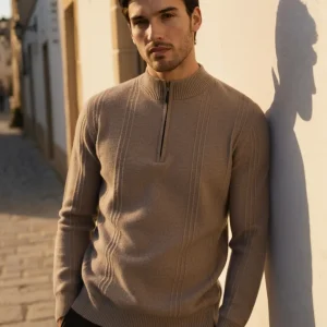 Demi-zip côtelé 100 % cachemire