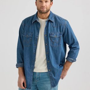 Chemise Wrangler® Homme Classic Denim Western Snap Shirt - Mid Wash Denim