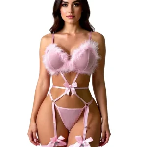 Les Secrets de Léa – Ensemble body ouvert avec plumes rose poudré – Bunny