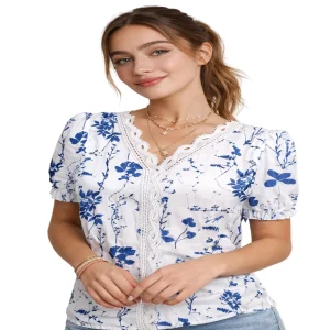 Chemise Décontractée Col V Ajourée Jacquard Floral Été