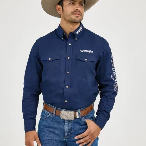 Chemise Wrangler Homme Logo Long Sleeve Button Down Solid Shirt