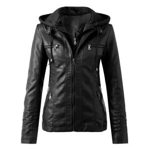 Veste Moto Femme PU Cuir À Capuche Fermeture Éclair